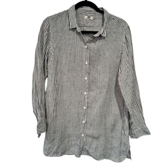 Garnet Hill Gray Stripe Long Sleeve Button Down Shirt‎ Petite Medium Linen Tunic - Picture 1 of 9
